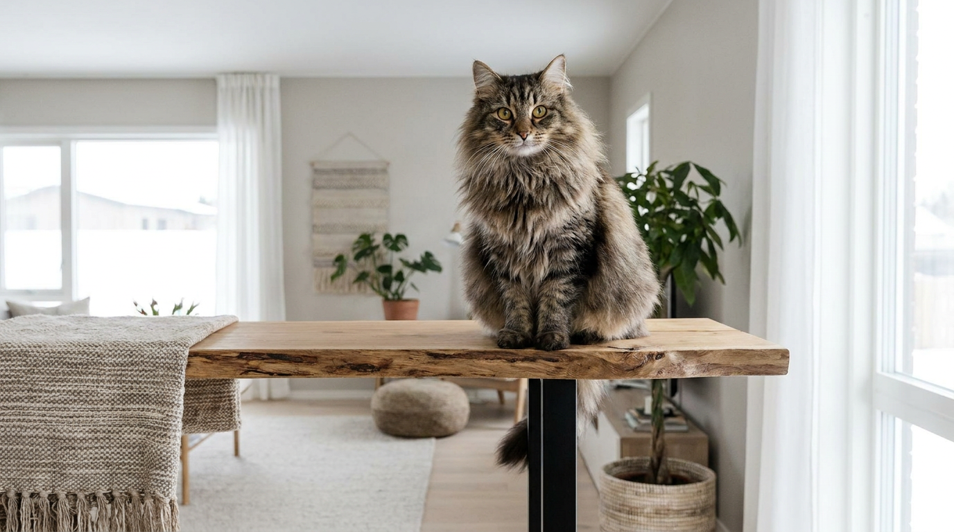 En ståtlig norsk skogkatt sitter tryggt på en robust vägghylla i massivt trä